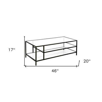 Table basse en verre noir et acier de 46 po avec deux étagères