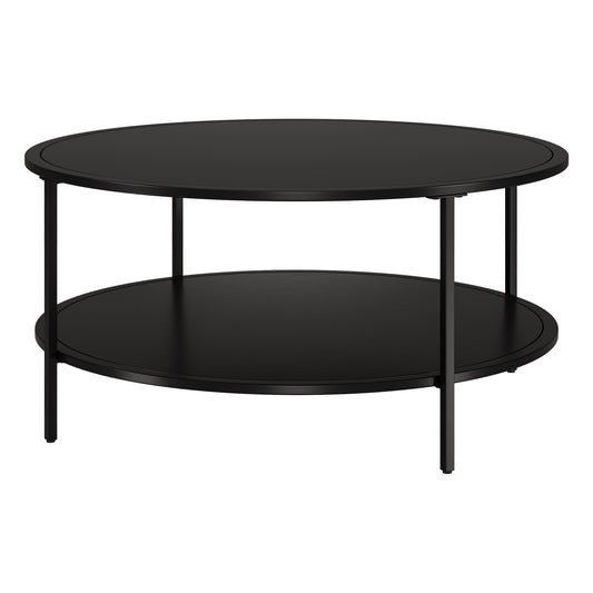 Table basse ronde en verre noir et acier de 36 po avec étagère