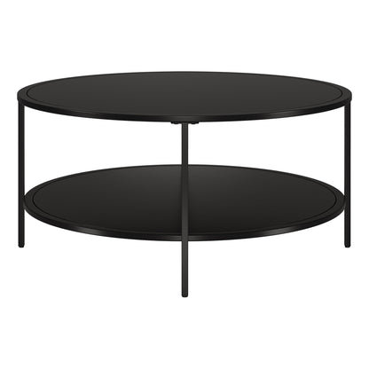 Table basse ronde en verre noir et acier de 36 po avec étagère