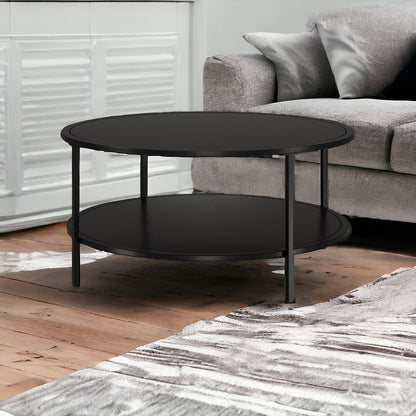 Table basse ronde en verre noir et acier de 36 po avec étagère