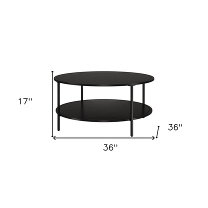 Table basse ronde en verre noir et acier de 36 po avec étagère