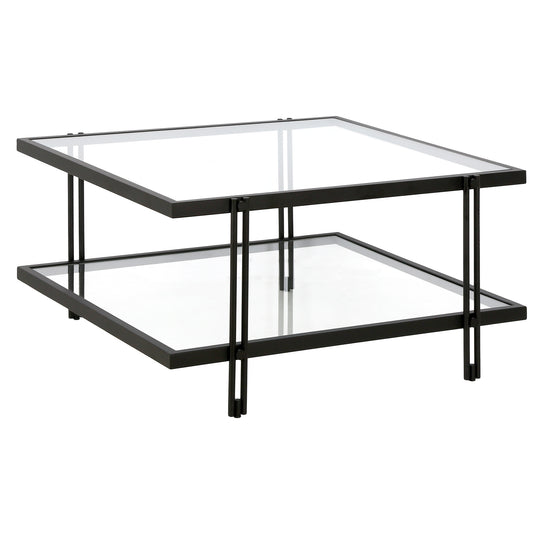 Table basse carrée en verre et acier transparent et noir de 32 po avec étagère