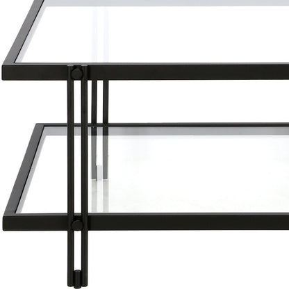 Table basse carrée en verre et acier transparent et noir de 32 po avec étagère