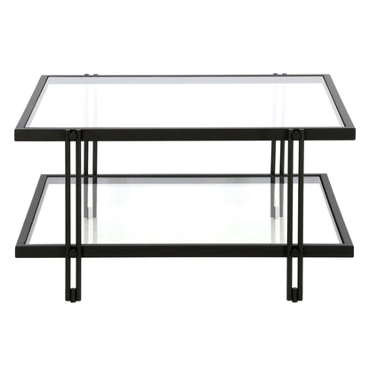 Table basse carrée en verre et acier transparent et noir de 32 po avec étagère