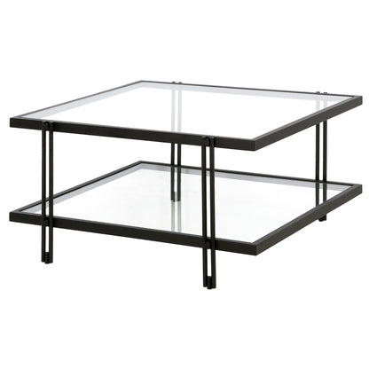 Table basse carrée en verre et acier transparent et noir de 32 po avec étagère