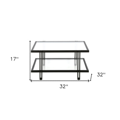 Table basse carrée en verre et acier transparent et noir de 32 po avec étagère