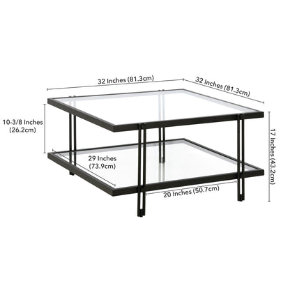 Table basse carrée en verre et acier transparent et noir de 32 po avec étagère