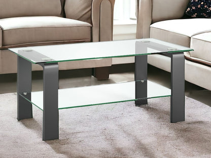 Table basse en verre et acier gris de 40 po avec étagère