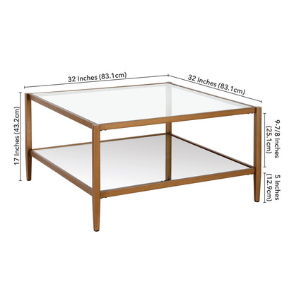 Table basse carrée en verre doré et acier de 32 po avec étagère