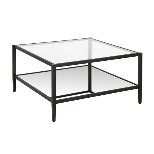 Table basse carrée en verre et acier transparent et noir de 32 po avec étagère