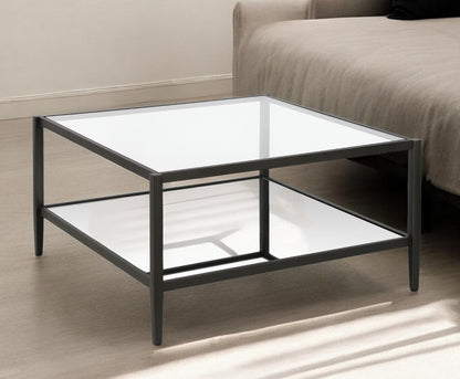 Table basse carrée en verre et acier transparent et noir de 32 po avec étagère