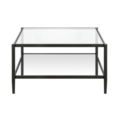 Table basse carrée en verre et acier transparent et noir de 32 po avec étagère