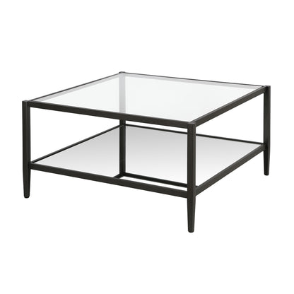 Table basse carrée en verre et acier transparent et noir de 32 po avec étagère