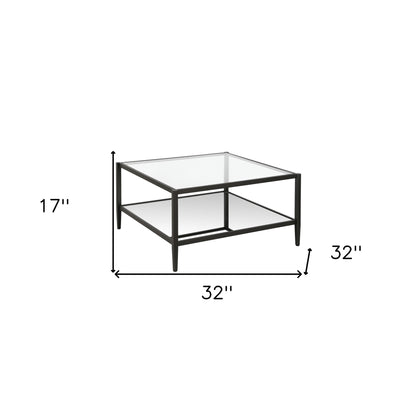 Table basse carrée en verre et acier transparent et noir de 32 po avec étagère