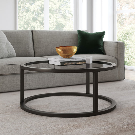 Table basse ronde en verre noir et acier de 35 po