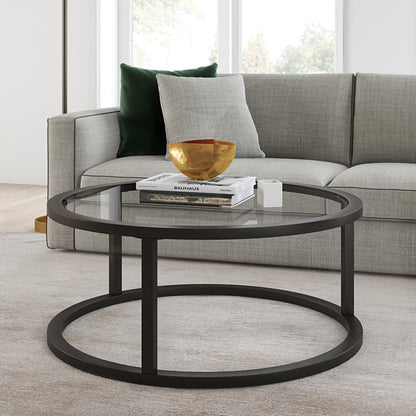 Table basse ronde en verre noir et acier de 35 po