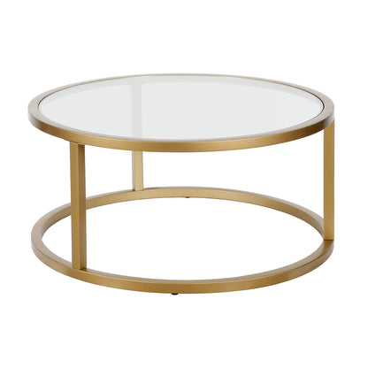 Table basse ronde en verre doré et acier de 35 po