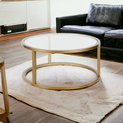 Table basse ronde en verre doré et acier de 35 po