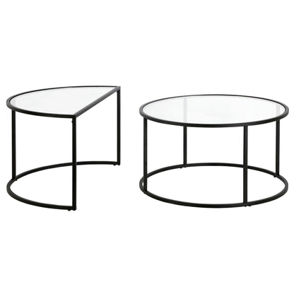 Ensemble de deux tables basses gigognes en demi-cercle en verre noir et en acier de 33 po