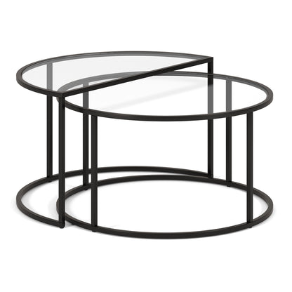 Ensemble de deux tables basses gigognes en demi-cercle en verre noir et en acier de 33 po