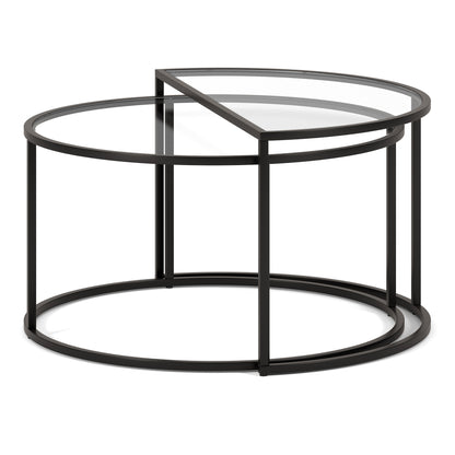 Ensemble de deux tables basses gigognes en demi-cercle en verre noir et en acier de 33 po