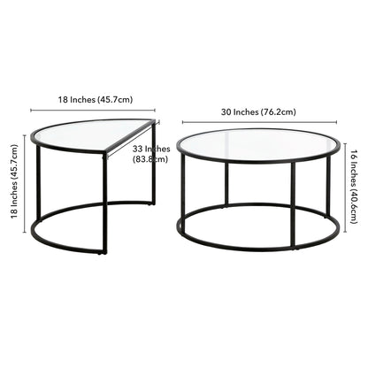 Ensemble de deux tables basses gigognes en demi-cercle en verre noir et en acier de 33 po