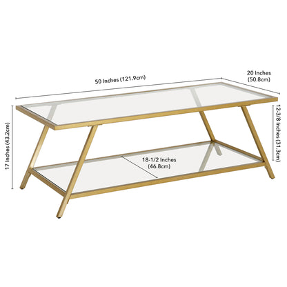 Table basse en verre doré et acier de 48 po avec étagère