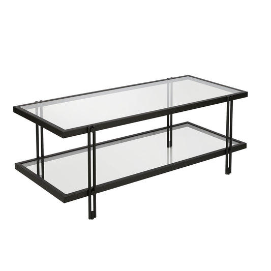 Table basse en verre noir et acier de 45 po avec étagère