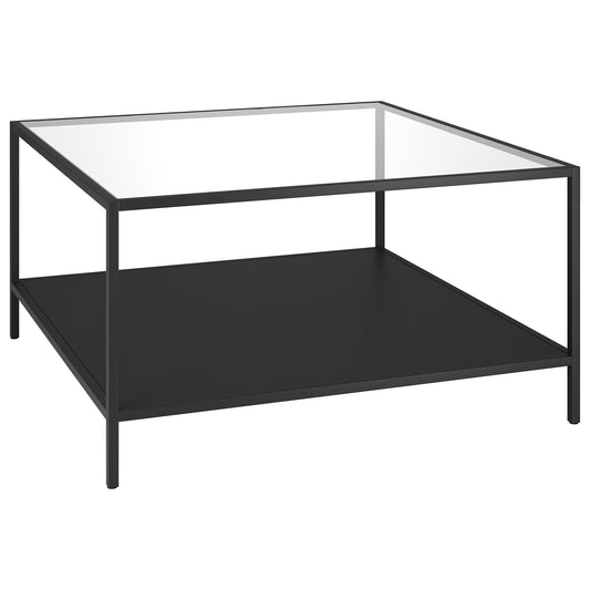 Table basse carrée en verre noir et acier de 32 po avec étagère