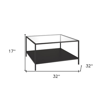 Table basse carrée en verre noir et acier de 32 po avec étagère