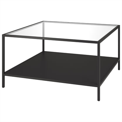 Table basse carrée en verre noir et acier de 32 po avec étagère