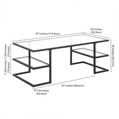 Table basse en verre noir et acier de 47 po avec deux étagères