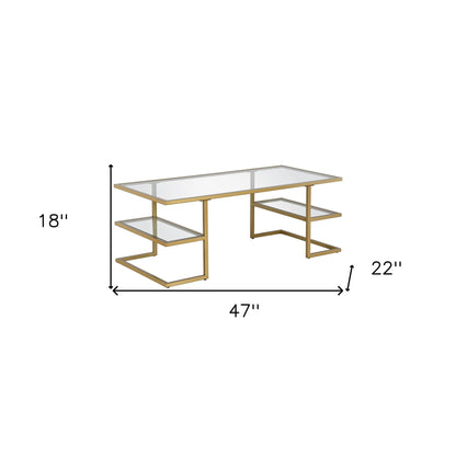 Table basse en verre doré et acier de 47 po avec deux étagères