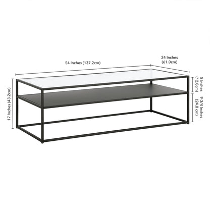 Table basse en verre noir et acier de 54 po avec étagère