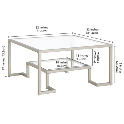 Table basse carrée en verre argenté et acier de 32 po avec étagère