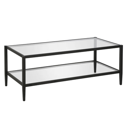 Table basse en verre et acier noir et transparent de 45 po avec étagère