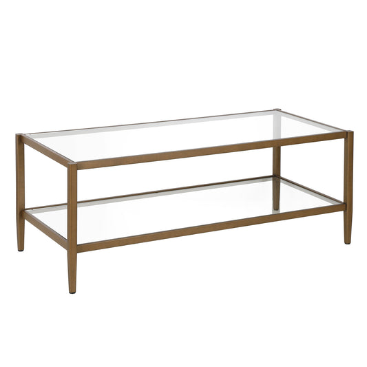 Table basse en verre et métal transparent et laiton vieilli de 45 po avec étagère