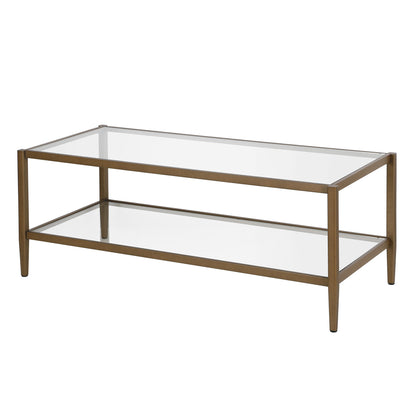 Table basse en verre et métal transparent et laiton vieilli de 45 po avec étagère