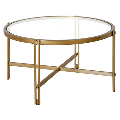 Table basse ronde en verre doré et acier de 32 po