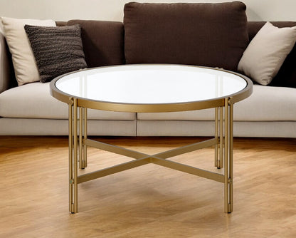 Table basse ronde en verre doré et acier de 32 po