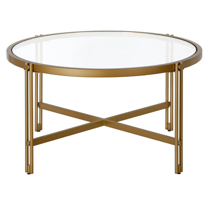 Table basse ronde en verre doré et acier de 32 po