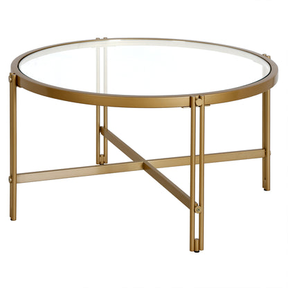 Table basse ronde en verre doré et acier de 32 po