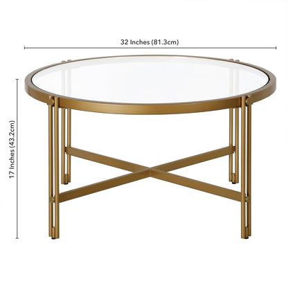 Table basse ronde en verre doré et acier de 32 po