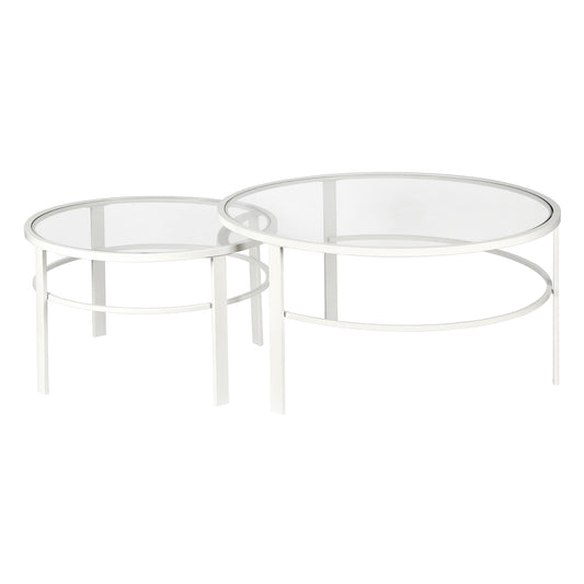 Ensemble de deux tables basses rondes gigognes en verre blanc et en acier de 36 po