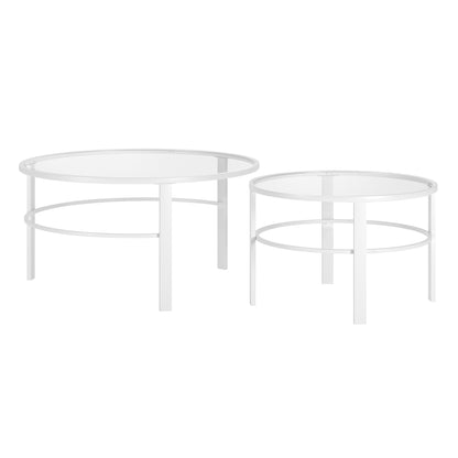 Ensemble de deux tables basses rondes gigognes en verre blanc et en acier de 36 po