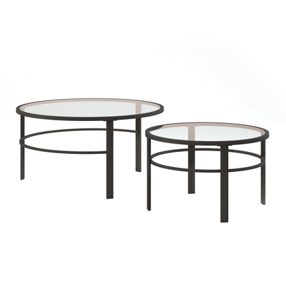 Ensemble de deux tables basses rondes gigognes en verre et acier transparent et noir de 36 po