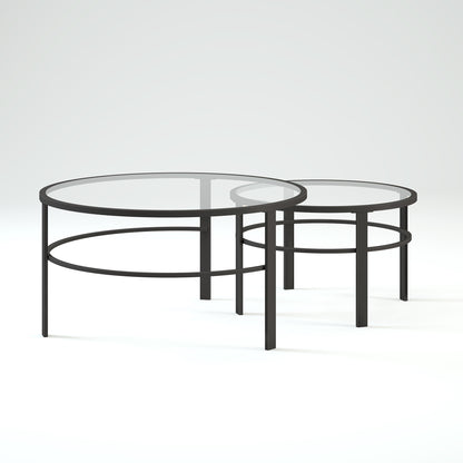 Ensemble de deux tables basses rondes gigognes en verre et acier transparent et noir de 36 po