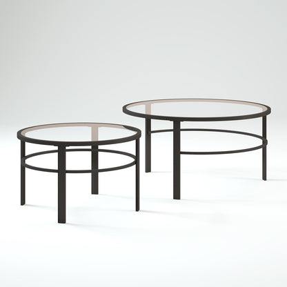 Ensemble de deux tables basses rondes gigognes en verre et acier transparent et noir de 36 po