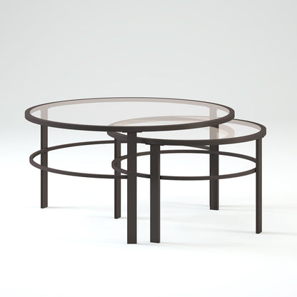 Ensemble de deux tables basses rondes gigognes en verre et acier transparent et noir de 36 po