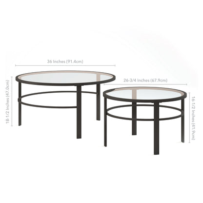 Ensemble de deux tables basses rondes gigognes en verre et acier transparent et noir de 36 po